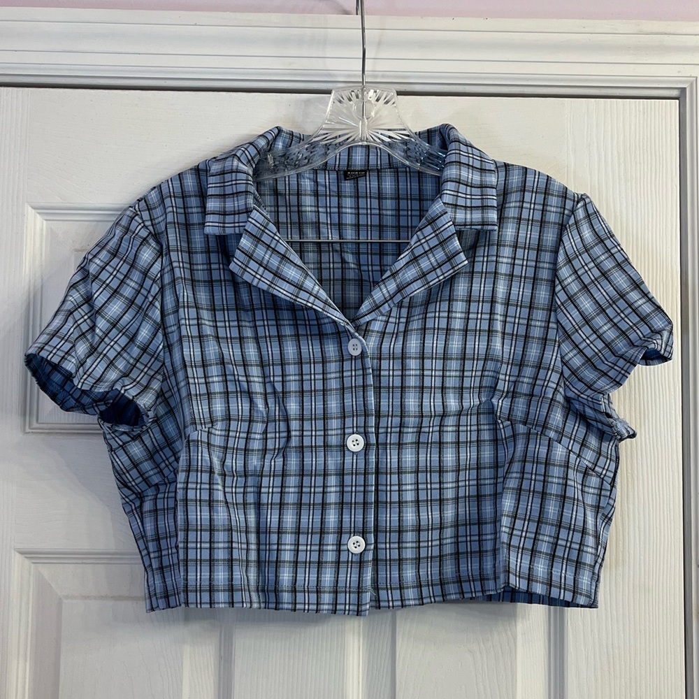 Shein Blue Checkered Button Up Crop Top Shirt Women’s Size L